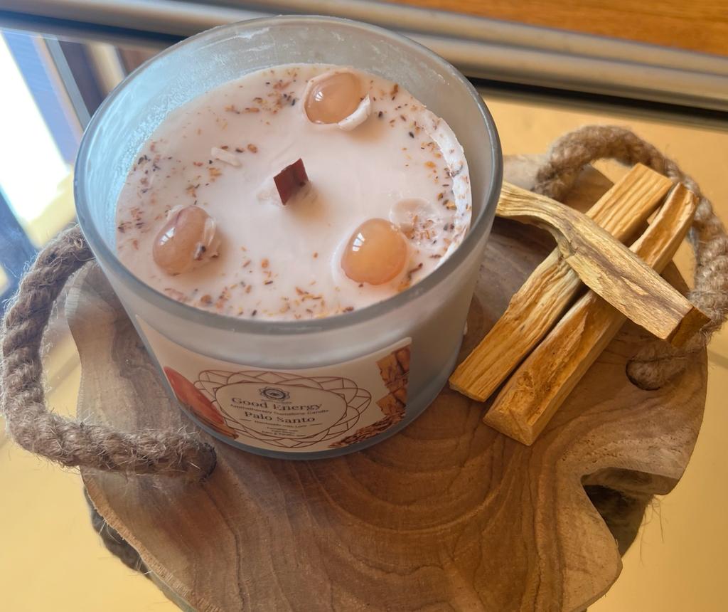 🕯️ Bougie d’Intention Énergie Positive – Cornaline & Palo Santo – 256 g