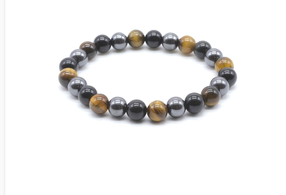 Bracelet oeil de tigre, hématite et obsidienne