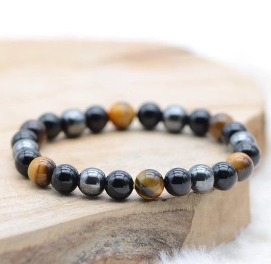Bracelet oeil de tigre, hématite et obsidienne