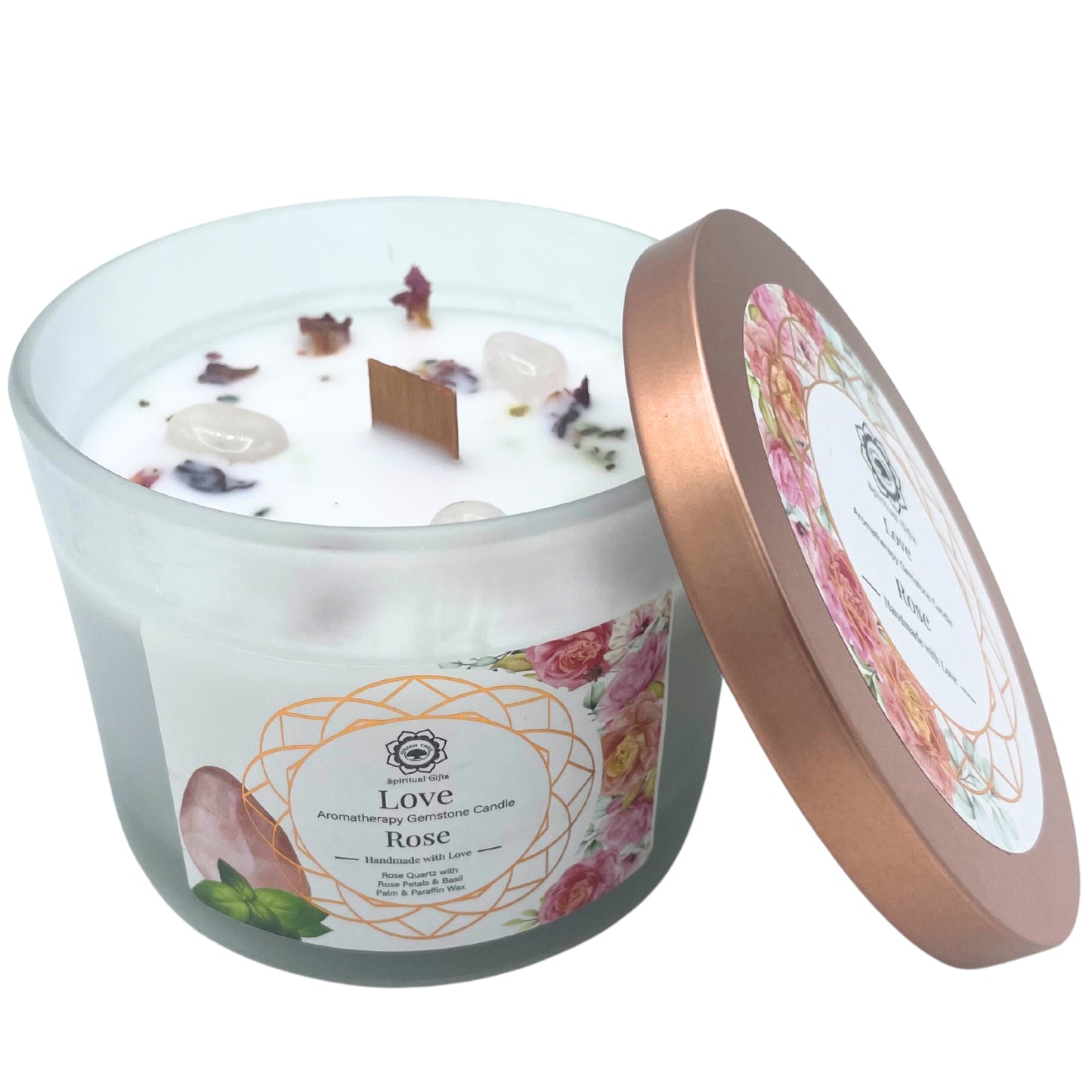 bougie parfumée quartz et rose- Amour-cristaux